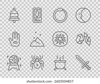 Set line Magic ball, Medieval sword, Ouroboros, Spider, Ringing alarm bell, powder, Witch cauldron and stone icon. Vector