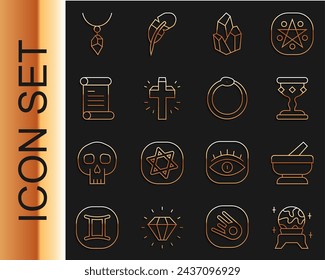Set line Magic ball, Mortar and pestle, Medieval goblet, stone, Christian cross, Decree, parchment, scroll, Necklace with crystal and Ouroboros icon. Vector