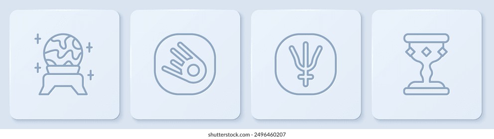 Set line Magic ball, Neptune planet, Comet falling down fast and Medieval goblet. White square button. Vector