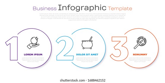 Set line Magic ball on hand, Witch cauldron and Magic wand. Business infographic template. Vector