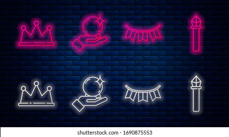 Set line Magic ball on hand, Carnival garland with flags, Crown and Magic staff. Glowing neon icon on brick wall. Vector
