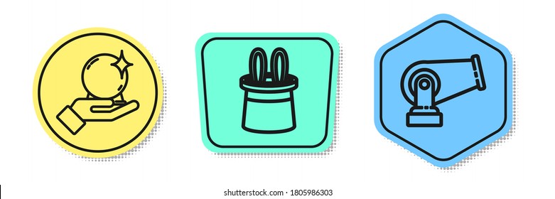Set line Magic ball on hand, Magician hat and rabbit ears and Cannon. Colored shapes. Vector