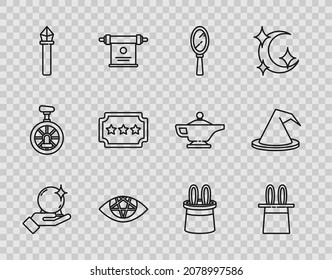 Set line Magic ball on hand, Magician hat rabbit ears, mirror, Pentagram, staff, Ticket,  and Witch icon. Vector