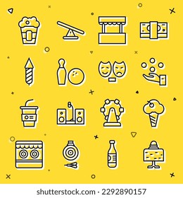 Set line Magic ball on table, Ice cream in waffle cone, Juggling, Ticket box office, Bowling pin and, Firework rocket, Popcorn and Comedy tragedy masks icon. Vector