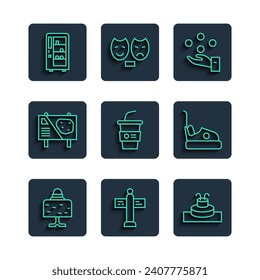 Set line Magic ball on table, Road traffic signpost, Fountain, Juggling, Paper glass with water, Amusement park billboard, Vending machine and Bumper car icon. Vector