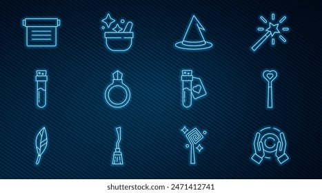 Set line Magic ball on hand, wand, Witch hat, stone ring with gem, Bottle potion, Ancient magic book, love and cauldron icon. Vector