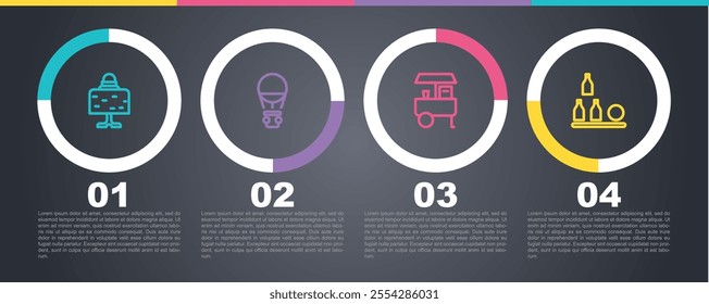 Set line Magic ball on table, Hot air balloon, Fast street food cart and Bottles. Business infographic template. Vector