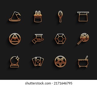 Set line Magic ball, Playing cards, Witch hat, Pentagram circle, cauldron, Magician hand, wand and stone icon. Vector