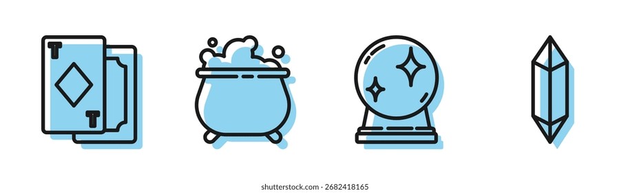 Set line Magic ball, Playing cards, Witch cauldron and Magic stone icon. Vector