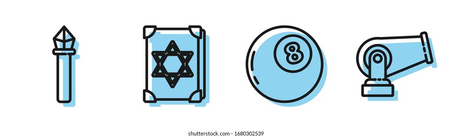 Set line Magic ball of predictions, Magic staff, Ancient magic book and Cannon icon. Vector