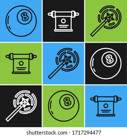 Fijar la línea Magic ball of predictions, Magic wand y Magic scroll icon. Vector