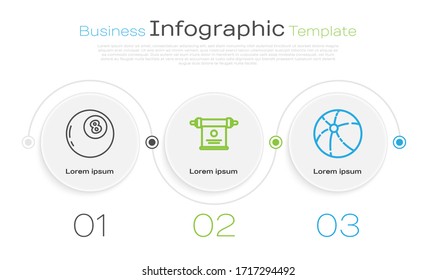 Set line Magic ball of predictions, Magic scroll and Beach ball. Business infographic template. Vector
