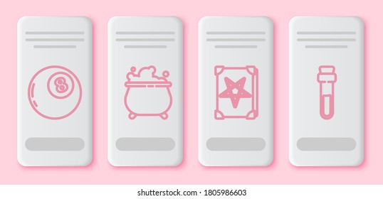 Set line Magic ball of predictions, Witch cauldron, Ancient magic book and Bottle with love potion. White rectangle button. Vector