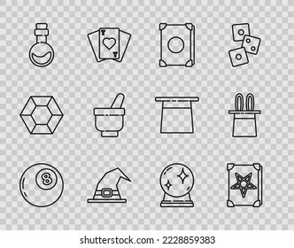 Set line Magic ball of predictions, Ancient magic book, Witch hat, Bottle with love potion, mortar and pestle,  and Magician rabbit ears icon. Vector