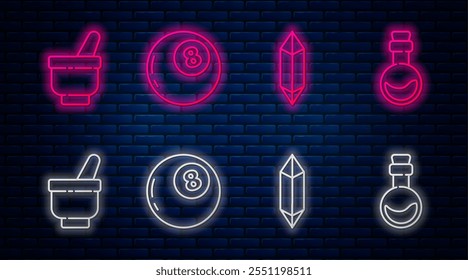 Set line Magic ball of predictions, Magic stone, Magic mortar and pestle and Bottle with love potion. Glowing neon icon on brick wall. Vector
