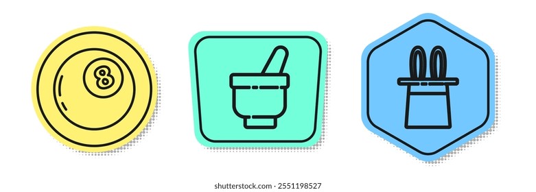 Set line Bola mágica de predicciones, Mortero mágico y maza y Sombrero mágico y orejas de conejo. Formas de colores. Vector