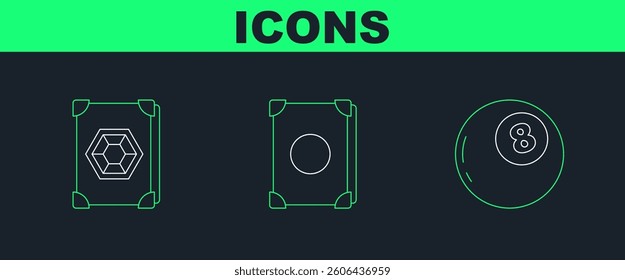 Set line Magic ball of predictions, Ancient magic book and  icon. Vector