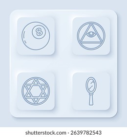 Set line Magic ball of predictions, Masons, Star of David and Magic hand mirror. White square button. Vector