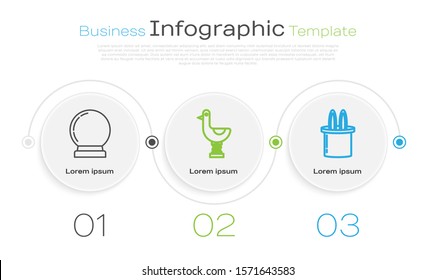 Set line Magic ball, Riding kid duck and Magician hat and rabbit ears. Business infographic template. Vector