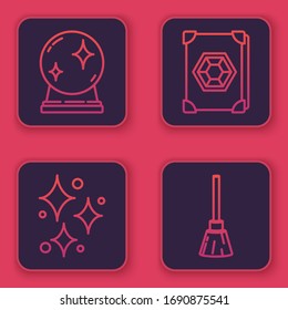 Set line Magic ball, Sparkle stars with magical glitter, Ancient magic book and Witches broom. Blue square button. Vector
