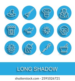 Set line Magic ball, Unicorn, Witch hat, staff, Mortar and pestle, lamp Aladdin, Skull and stone icon. Vector
