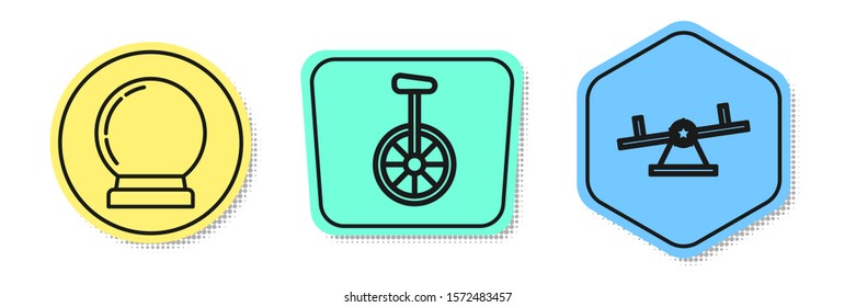 Set line Magic ball, Unicycle or one wheel bicycle and Seesaw. Colored shapes. Vector