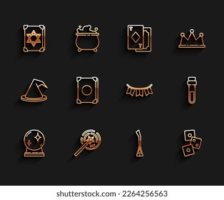 Set line Magic ball, wand, Ancient magic book, Witches broom, Game dice, Bottle with love potion and Carnival garland flags icon. Vector