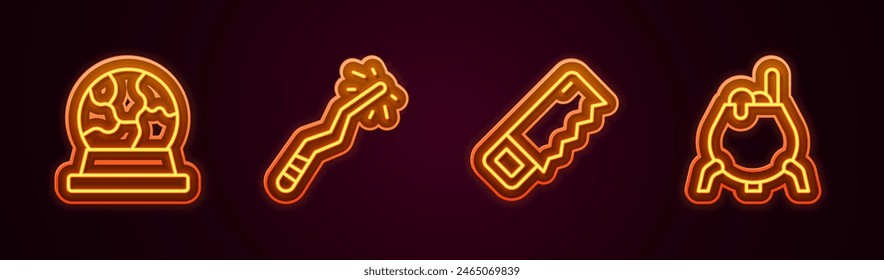 Set line Bola mágica, varita, sierra de mano y caldero de bruja. Icono de neón brillante. Vector