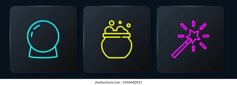Set line Magic ball, wand and Witch cauldron. Black square button. Vector