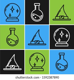 Set line Magic ball , Witch hat  and Bottle with potion  icon. Vector