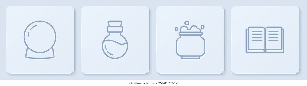 Set line Magic ball, Witch cauldron, Bottle with potion and Ancient magic book. White square button. Vector