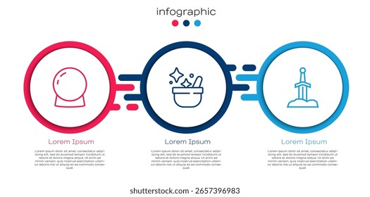 Set line Magic ball, Witch cauldron and Sword in the stone. Business infographic template. Vector