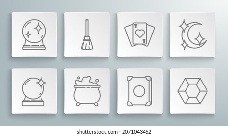 Set line Magic ball, Witches broom, cauldron, Ancient magic book, stone, Playing cards, Moon and stars and  icon. Vector