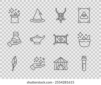 Set line Magic feather, Bottle with potion, Pentagram necklace, Sparkle stars magic trick, hat, lamp or Aladdin, Circus tent and Witch cauldron icon. Vector