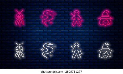 Set line Magic fog or smoke, Voodoo doll, Dream catcher with feathers and Witch. Glowing neon icon on brick wall. Vector