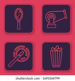Set line Magic hand mirror, Magic wand, Cannon and Popcorn in box. Blue square button. Vector