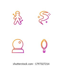 Set line Magic hand mirror, ball, Voodoo doll and fog smoke. Gradient color icons. Vector