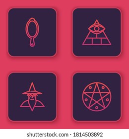 Set line Magic hand mirror, Wizard warlock, Masons and Pentagram in circle. Blue square button. Vector