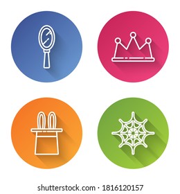 Set line Magic hand mirror, Crown, Magician hat and rabbit ears and Spider web. Color circle button. Vector