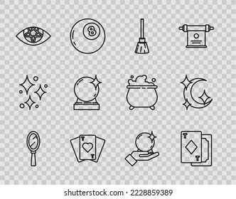 Fijar línea Espejo de la mano Mágico, Tarjetas de juego, escoba de brujas, Pentagram, bola, on e icono de estrellas de la luna. Vector