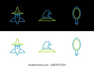 Set line Magic hand mirror, Wizard warlock and Witch hat icon. Vector