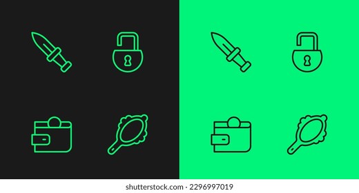 Set line Magic hand mirror, Wallet, Dagger and Open padlock icon. Vector