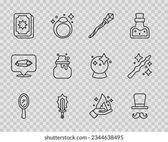 Set line Magic hand mirror, Magician, staff, sword in fire, Tarot cards, Witch cauldron, Hand holding and wand icon. Vector