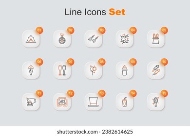 Fijar línea Espejo de la mano Mágico, Vidrio de papel con agua, Sombrero de Cilindro, Ganancia del Casino, Cañón, cohete de fuegos artificiales, crema de helado y icono de la cinta de globos. Vector