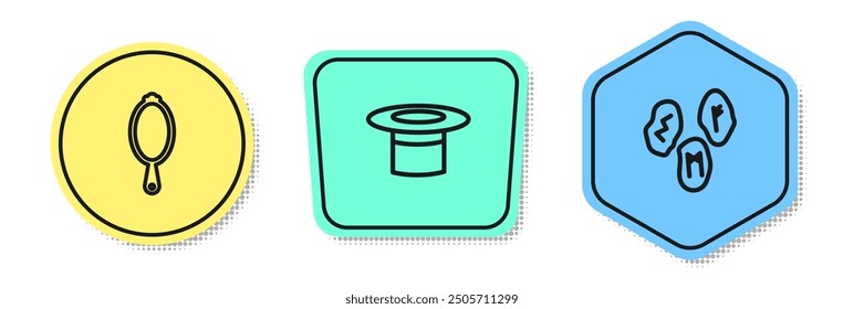 Set line Magic hand mirror, Magician hat and runes. Colored shapes. Vector