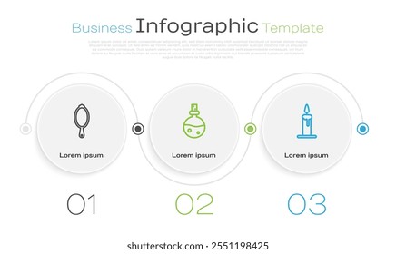 Set line Magic hand mirror, Bottle with love potion and Burning candle in candlestick. Business infographic template. Vector