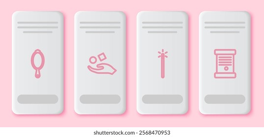 Set line Magic hand mirror, Cube levitating above, wand and Decree, paper, parchment, scroll. White rectangle button. Vector