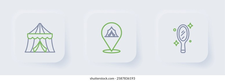 Set line Magic hand mirror, Circus tent and  icon. Vector