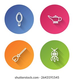 Set line Magic hand mirror, lamp Aladdin, Witches broom and Dream catcher with feathers. Color circle button. Vector