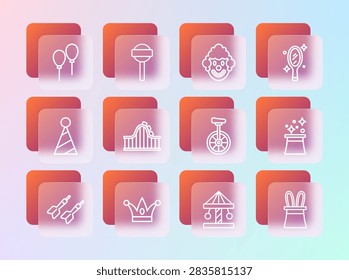 Set line Magic hand mirror, Jester hat with bells, Unicycle, Attraction carousel, Roller coaster, Clown head, Balloons ribbon and Lollipop icon. Vector